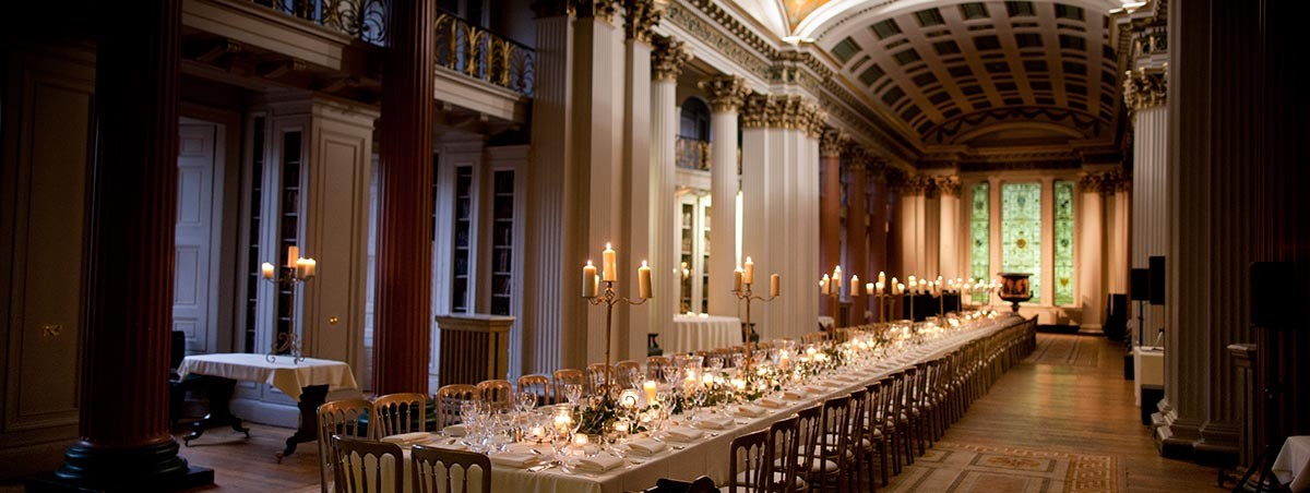 Long table dinner set up for a wedding - venue: The Signet Library in Edinburgh 